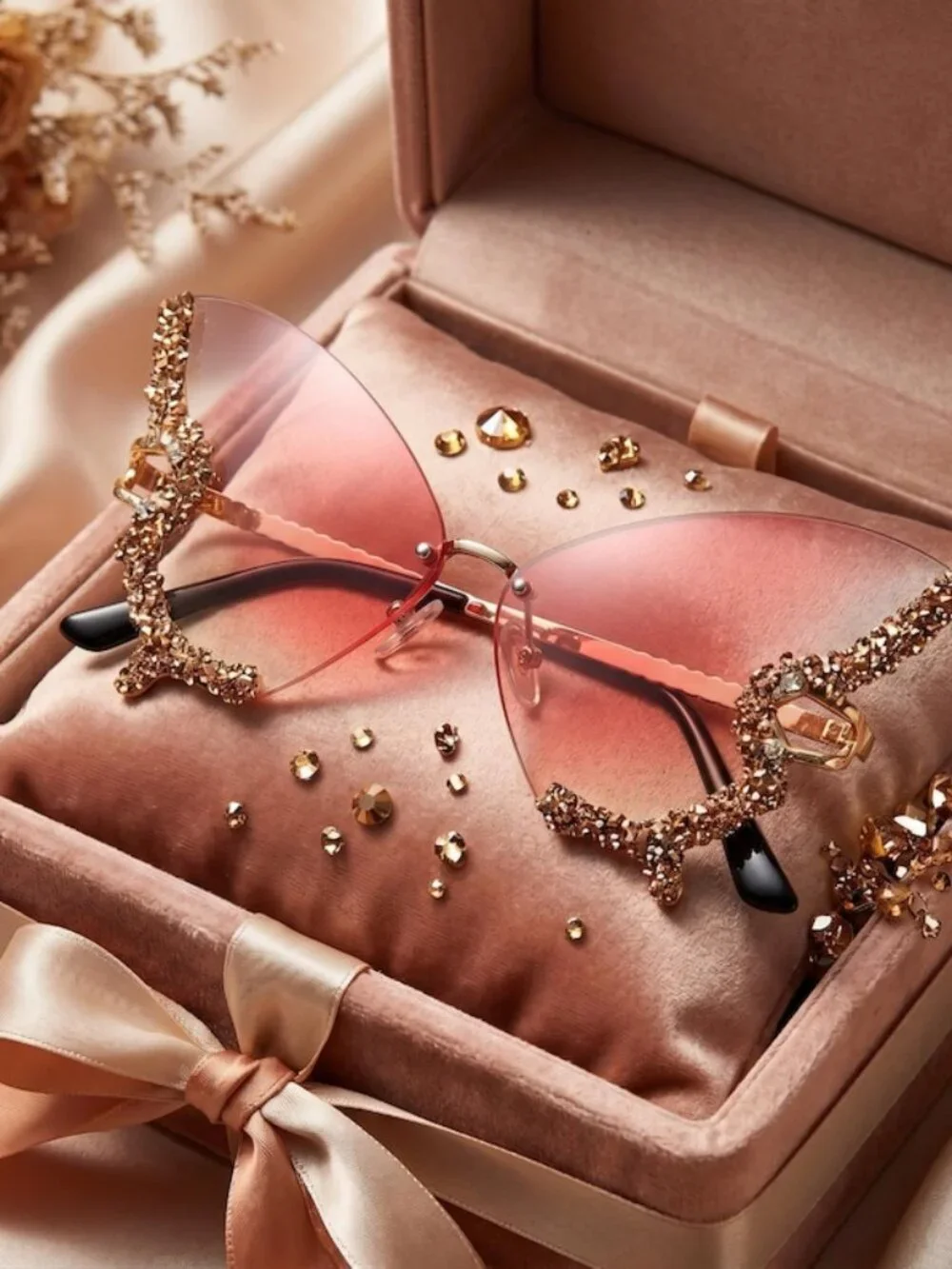 Rhinestone Butterfly Sunglasses - Pink Oversized Crystal Shades